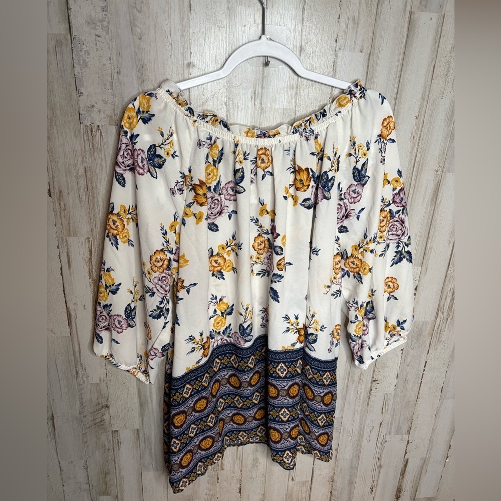 SIGNATURE STUDIO 2X Blue Tunic Top 3/4 Sleeve Length Boho Floral print - Picture 10 of 13